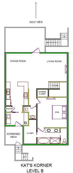 A level B layout view of Sand 'N Sea's beachside house vacation rental in Galveston named Kat's Korner